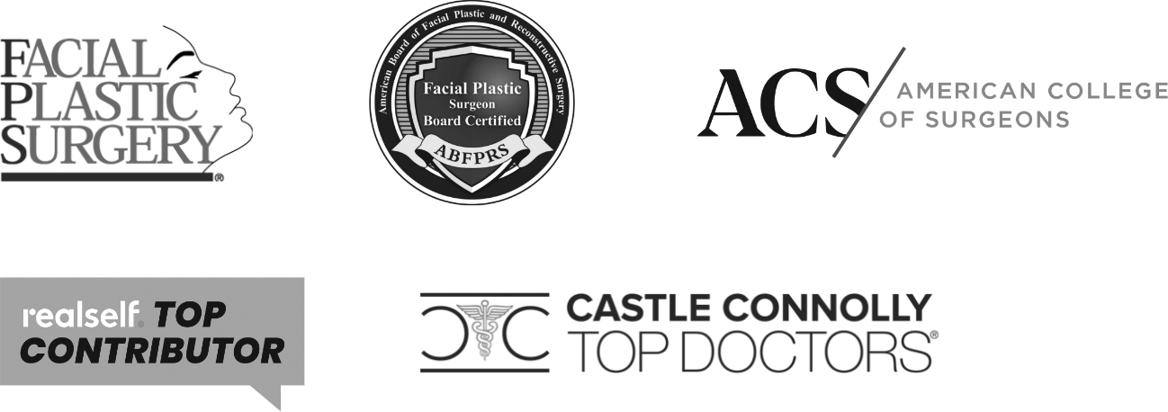 Dr. Qatela Credential logos including Facial Plastic Surgery (FPS), American Board of Facial Plastic Surgery and REconstructive Surgery, American College of Surgeons, realSelf Top Contributor, & Castle Connelly Top Doctors