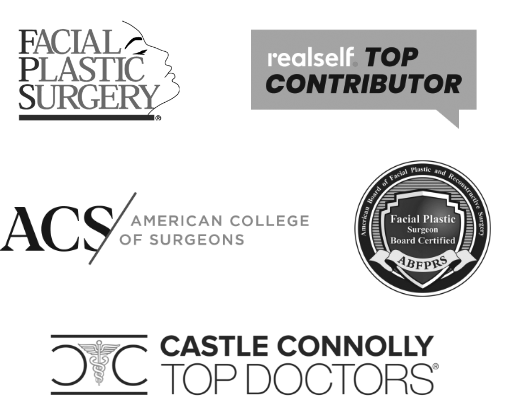 Dr. Qatela Credential logos including Facial Plastic Surgery (FPS), American Board of Facial Plastic Surgery and REconstructive Surgery, American College of Surgeons, realSelf Top Contributor, & Castle Connelly Top Doctors