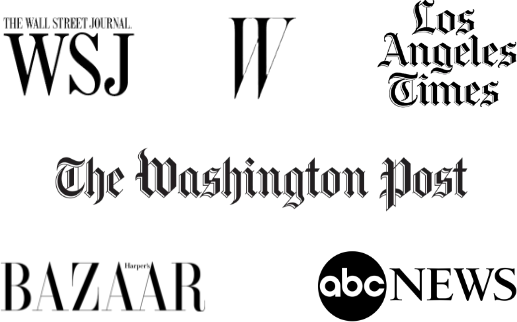 Logos for ABC News, The Wall Street Journal, The Washington Post, W, Los Angeles Times, & Bazaar